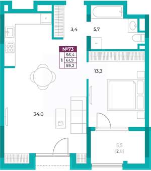 1-к квартира, вторичка, 59м2, 10/20 этаж