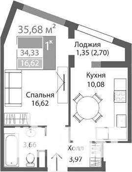 1-к квартира, вторичка, 36м2, 2/9 этаж