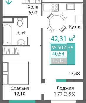 1-к квартира, вторичка, 42м2, 5/9 этаж