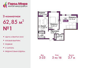 2-к квартира, вторичка, 63м2, 2/16 этаж