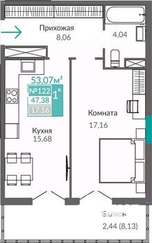 1-к квартира, строящийся дом, 47м2, 9/9 этаж