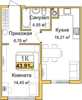 1-к квартира, вторичка, 44м2, 1/9 этаж