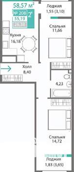 2-к квартира, строящийся дом, 59м2, 2/9 этаж