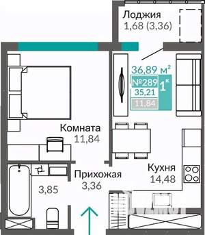 1-к квартира, строящийся дом, 35м2, 6/9 этаж