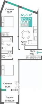 2-к квартира, строящийся дом, 67м2, 7/9 этаж