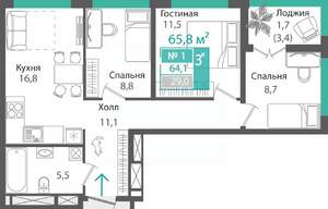 3-к квартира, строящийся дом, 64м2, 14/16 этаж