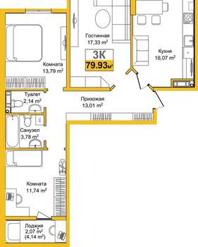 3-к квартира, вторичка, 80м2, 7/15 этаж