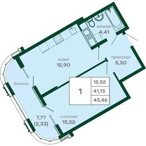 1-к квартира, вторичка, 43м2, 8/16 этаж