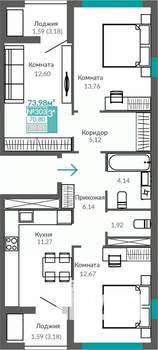 3-к квартира, строящийся дом, 71м2, 9/9 этаж