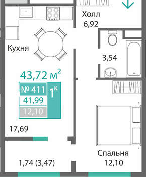 1-к квартира, вторичка, 42м2, 4/9 этаж
