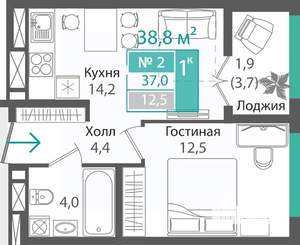 1-к квартира, строящийся дом, 37м2, 9/16 этаж