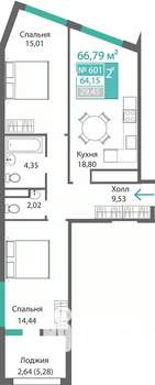 2-к квартира, строящийся дом, 67м2, 6/9 этаж