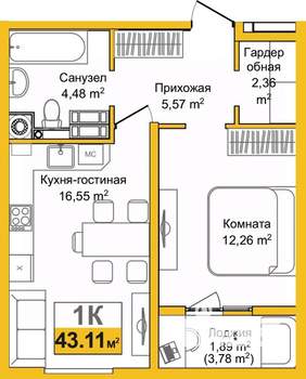 1-к квартира, вторичка, 43м2, 9/9 этаж