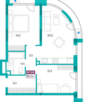 2-к квартира, вторичка, 61м2, 3/9 этаж