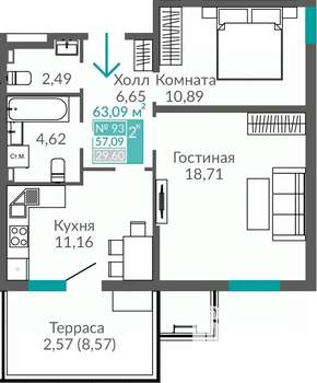 2-к квартира, строящийся дом, 57м2, 1/16 этаж