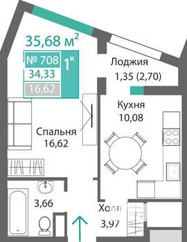 1-к квартира, строящийся дом, 36м2, 7/9 этаж