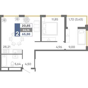 2-к квартира, строящийся дом, 66м2, 3/16 этаж