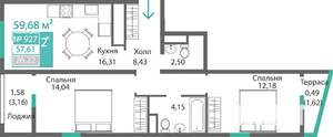 2-к квартира, строящийся дом, 60м2, 9/9 этаж