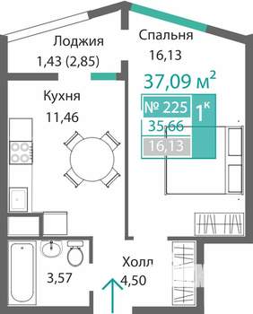 1-к квартира, строящийся дом, 37м2, 2/9 этаж