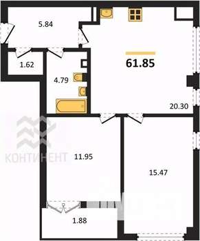 2-к квартира, вторичка, 62м2, 2/9 этаж