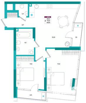 2-к квартира, вторичка, 69м2, 2/24 этаж