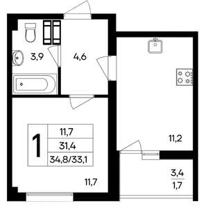 1-к квартира, вторичка, 35м2, 9/9 этаж