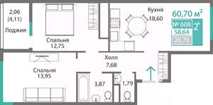 2-к квартира, строящийся дом, 61м2, 6/9 этаж