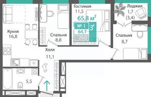 3-к квартира, строящийся дом, 64м2, 3/16 этаж