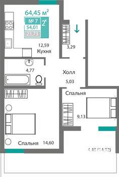 2-к квартира, вторичка, 54м2, 1/10 этаж