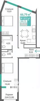 2-к квартира, строящийся дом, 67м2, 3/9 этаж