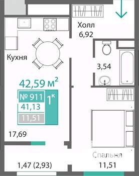 1-к квартира, вторичка, 41м2, 9/9 этаж