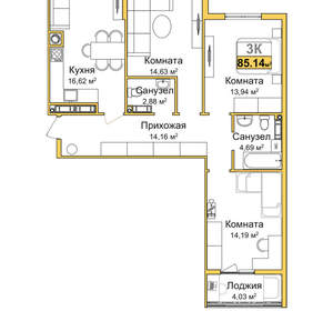 3-к квартира, вторичка, 83м2, 8/16 этаж
