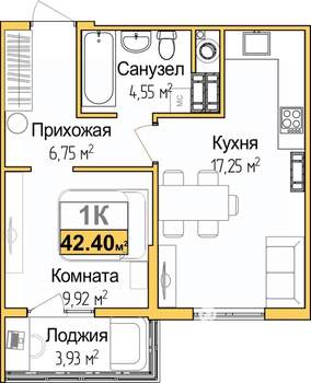 1-к квартира, вторичка, 40м2, 7/9 этаж