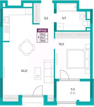1-к квартира, вторичка, 59м2, 18/20 этаж