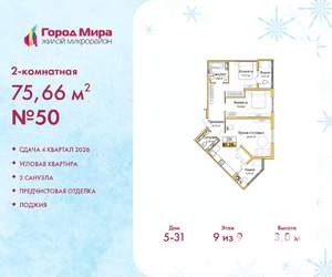 2-к квартира, вторичка, 76м2, 9/9 этаж