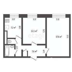2-к квартира, вторичка, 49м2, 1/9 этаж