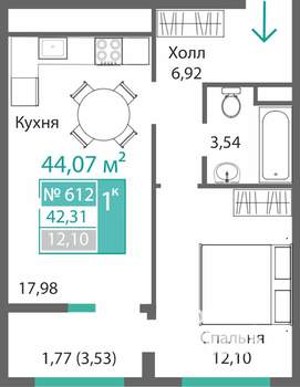 1-к квартира, строящийся дом, 42м2, 6/9 этаж