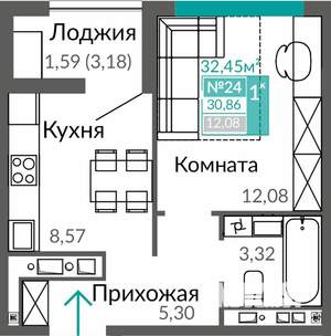 1-к квартира, строящийся дом, 31м2, 4/9 этаж