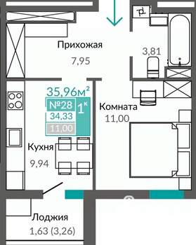 1-к квартира, строящийся дом, 34м2, 6/9 этаж