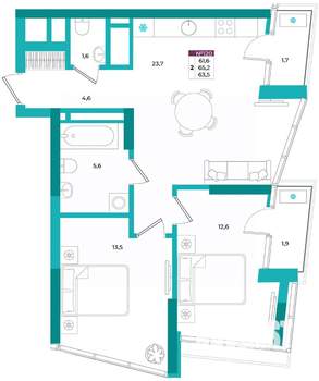 2-к квартира, вторичка, 64м2, 19/24 этаж