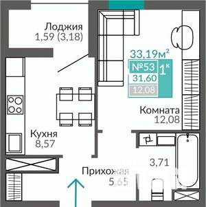 1-к квартира, строящийся дом, 32м2, 9/9 этаж