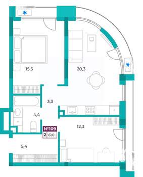 2-к квартира, вторичка, 61м2, 3/9 этаж