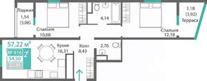 2-к квартира, строящийся дом, 57м2, 9/9 этаж