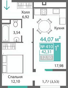 1-к квартира, вторичка, 42м2, 4/9 этаж