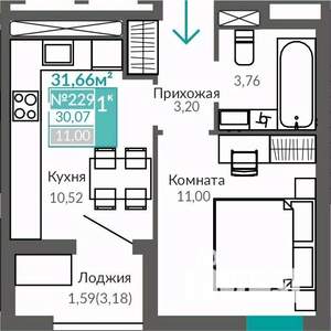 1-к квартира, строящийся дом, 30м2, 9/9 этаж