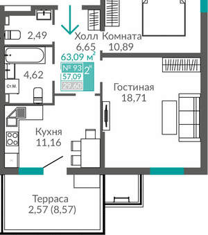 2-к квартира, вторичка, 57м2, 1/17 этаж