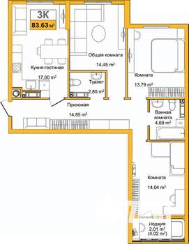 3-к квартира, сданный дом, 84м2, 3/9 этаж
