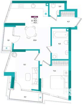 2-к квартира, вторичка, 63м2, 2/24 этаж