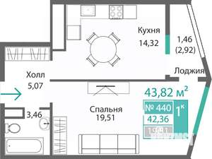 1-к квартира, строящийся дом, 44м2, 4/9 этаж