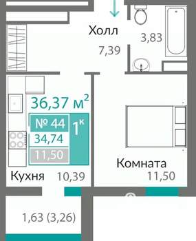 1-к квартира, строящийся дом, 35м2, 6/10 этаж